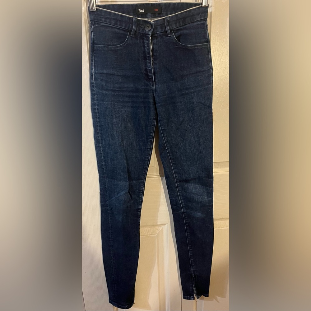 3 x1 High Rise Straight Leg Skinny Jeans High Waist Side Hem Zippers Blue S-24